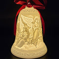 Decorative item with intricate design and red ribbon on a dark background