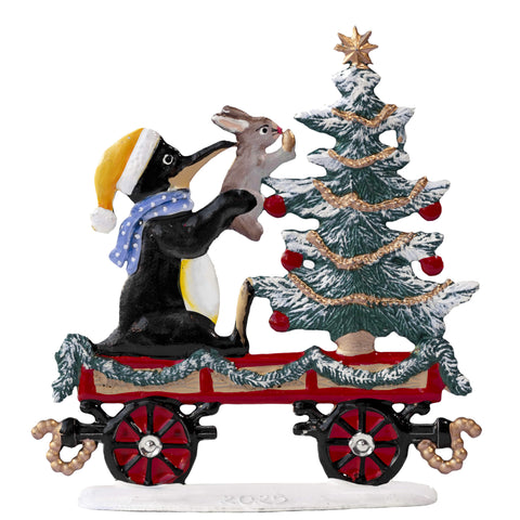 Train Car with Christmas Penguin Hand Painted German Pewter Figurine