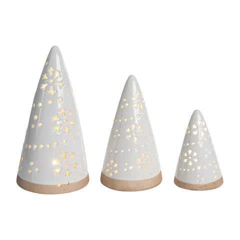 Set of 3 Light-Up White Ceramic Cone Trees w/ Embossed Detail