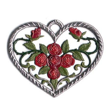 Small Heart w/ Roses Hand Painted German Pewter Ornament
