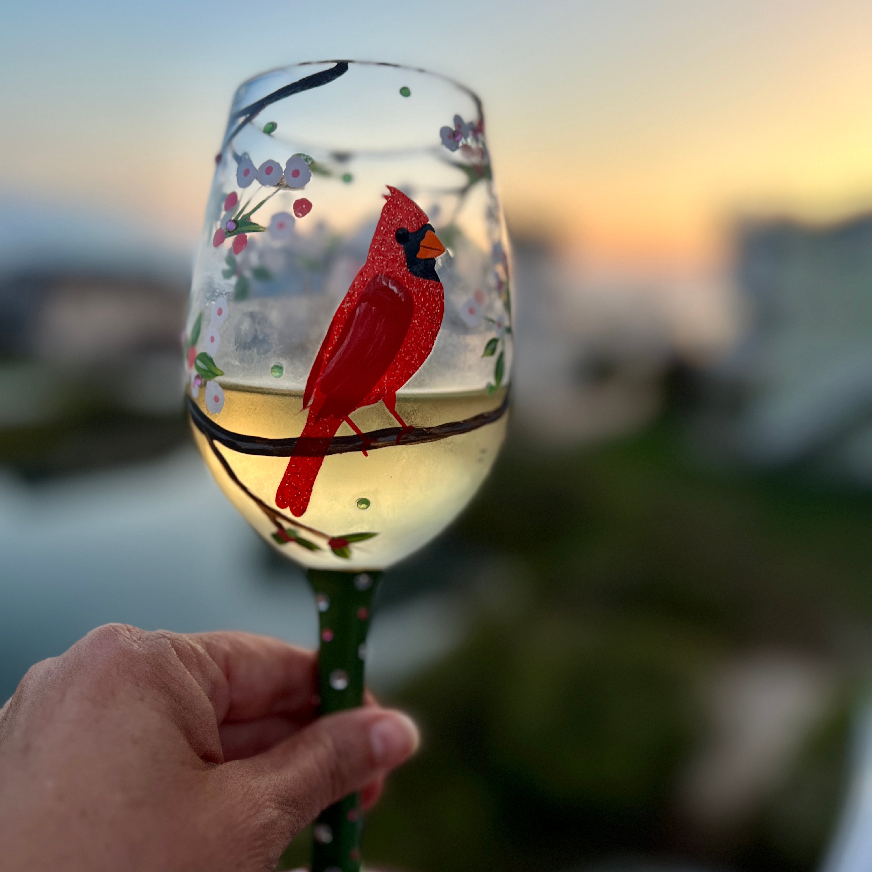 Free shipping Cherries hand painted on selling set of two wine glasses