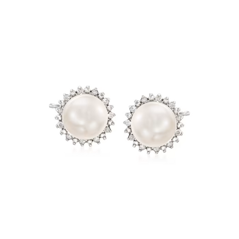 Ross-Simons Sterling Silver Cultured Button Pearl & Diamond Stud Earrings