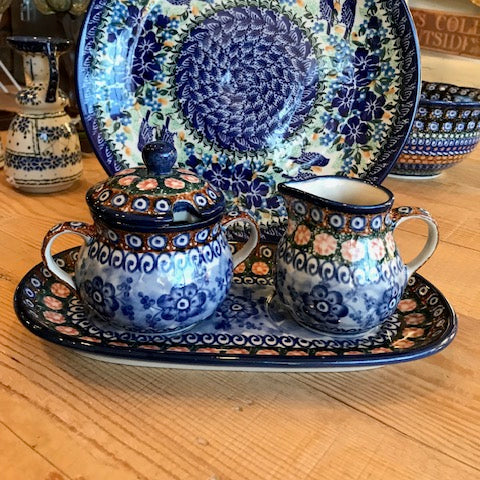 Polish Pottery Signature Sugar Bowl and Creamer Set with Tray