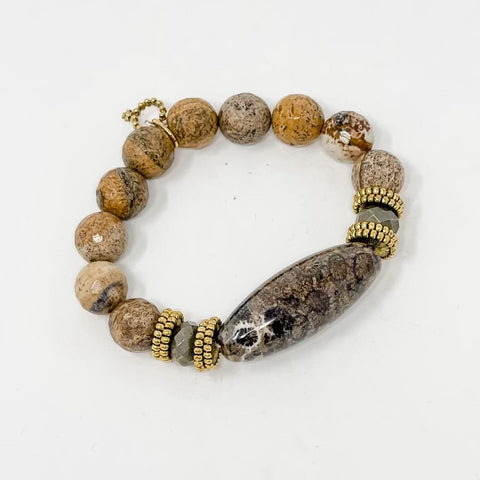 PowerBeads by jen Picture Jasper and Chocolate Fossil Coral Statement Bracelet