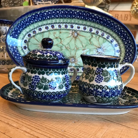 Polish Pottery Signature Sugar Bowl and Creamer Set with Tray