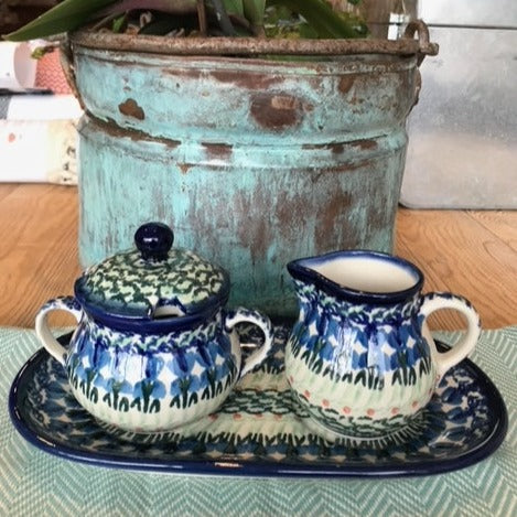 Polish Pottery Sugar Bowl and Creamer Set with Tray