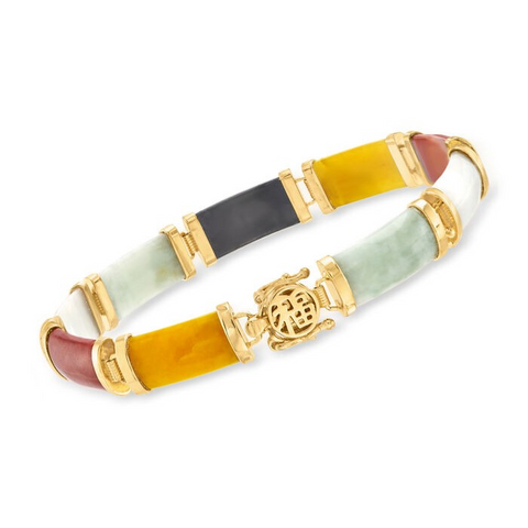 Ross-Simons Multicolored Jade "Good Fortune" Bracelet in 18kt Gold Over Sterling