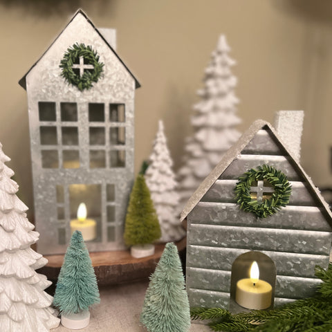 Set of 2 Snowy Roof Metal Town Houses w/ Trees for Just Jill