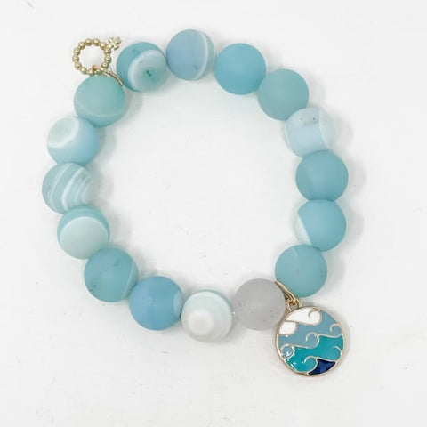 PowerBeads by jen Matte Caribbean Agate with Blue Enameled Wave Charm