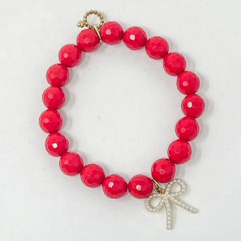 PowerBeads by jen Cardinal Red Faceted Agate w/ Pearl Bow