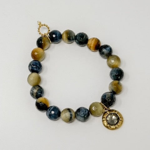 PowerBeads by jen Facet Caramel Latte Agate w/ Crystal Accent