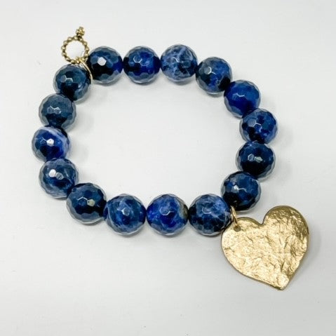 12mm Sodalite Beaded  bracelet with hammered gold-tone heart charm, choice of Average or Large