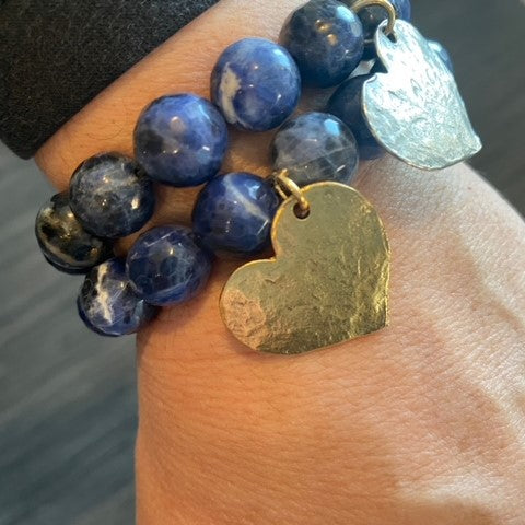 PowerBeads by jen Sodalite 12mm Beaded Bracelet with Hammered Heart