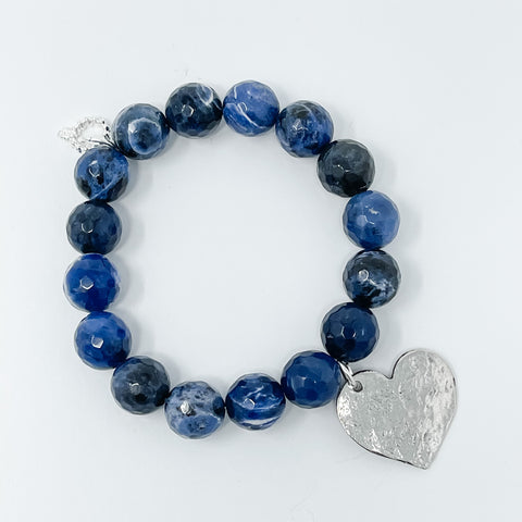 12mm Sodalite Beaded stretch bracelet with hammered silver tone charm, choice of Average or Large 
