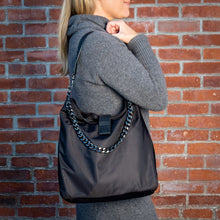 Load image into Gallery viewer, WanderFull Black HydroHobo Bag with Gunmetal Accents
