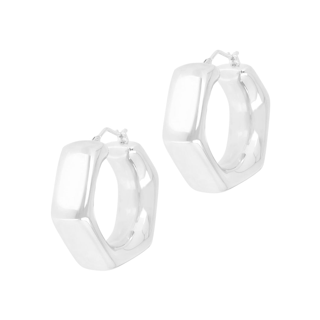 Italian Sterling Silver Polished Electroform Hexagon Hoop Earrings