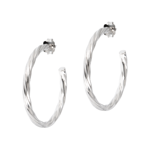 A 1.5" sterling silver hoop earring. Twisted for texture, but high polished for shine.  Butterfly clutch backs. for pierced ears only.  Made in Italy