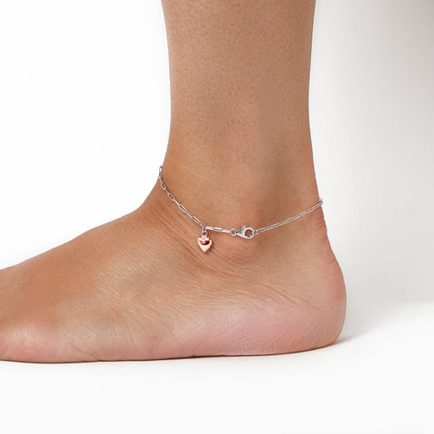 Italian Sterling Silver Paperclip Ankle Bracelet with Rose-Gold Heart