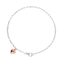 Load image into Gallery viewer, Italian Sterling Silver Paperclip Ankle Bracelet with Rose-Gold Heart
