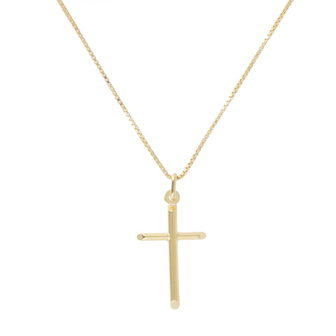 Italian Sterling Silver High Polished Yellow-Gold Plated Cross Pendant with Box Chain