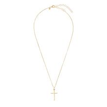 Load image into Gallery viewer, Wide Shot of Italian Sterling Silver High Polished Yellow-Gold Plated Cross Pendant with Box Chain
