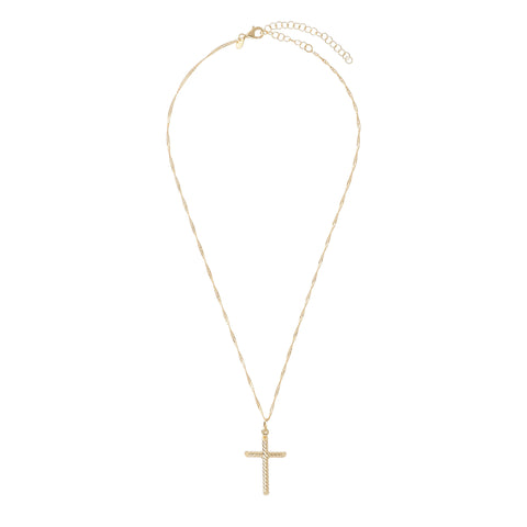 Wide Shot of Italian Sterling Silver Yellow-Gold Plated Twisted Cross Pendant with Singapore Chain