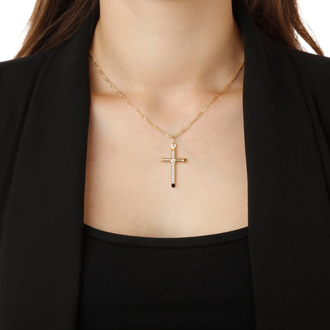 Italian Sterling Silver Yellow-Gold Plated Twisted Cross Pendant with Singapore Chain on a model
