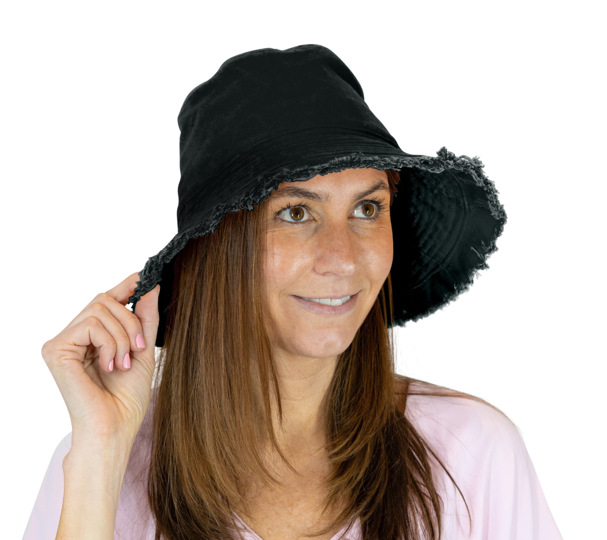 Sprigs Adjustable Fringe Bucket Hat w/ Flexible Brim Black