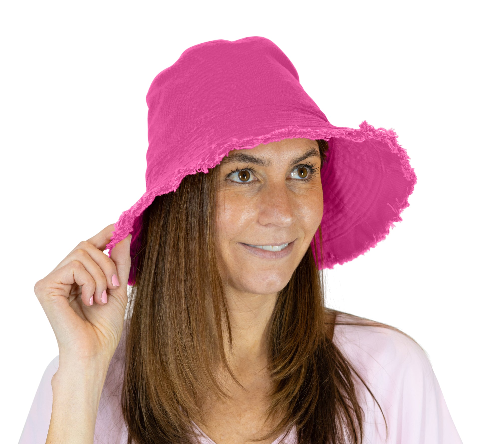 Sprigs Adjustable Fringe Bucket Hat w/ Flexible Brim Hot Pink