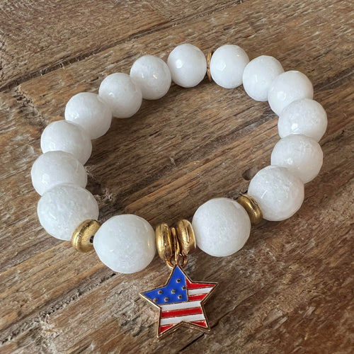 PowerBeads by jen White Agate Beaded Bracelet with Patriotic Star