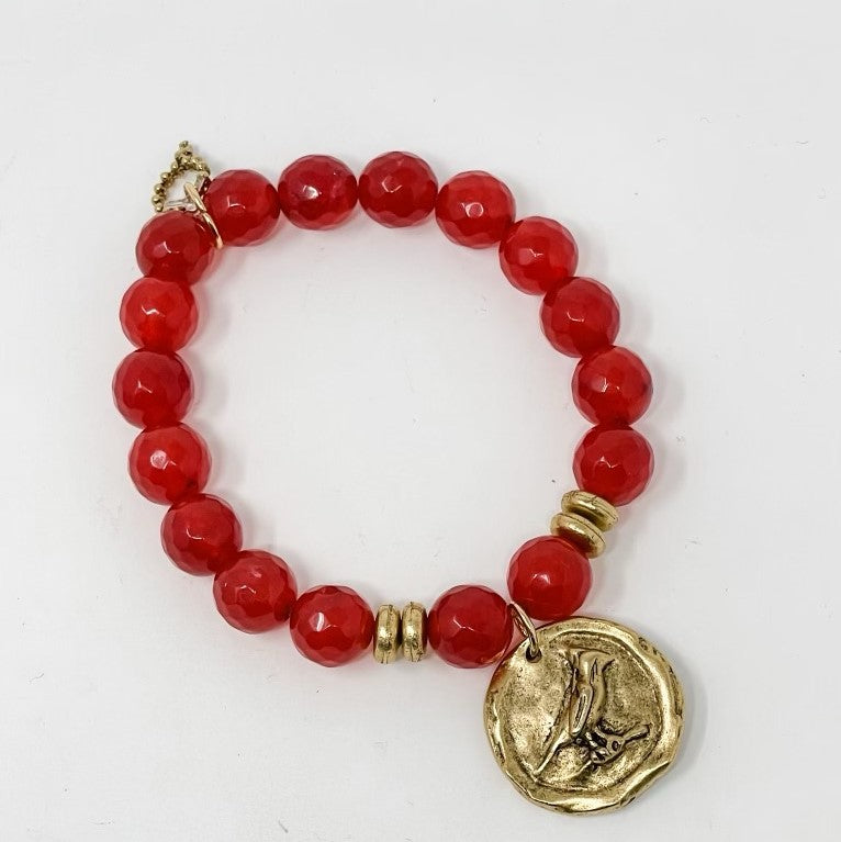 PowerBeads by jen Petites Red Jade Faceted Beaded Bracelet with Cardinal