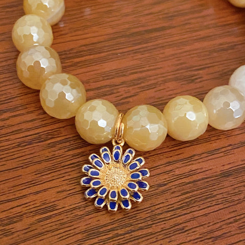 yellow agate power beads bracelet with blue sunflower charm for Ukraine